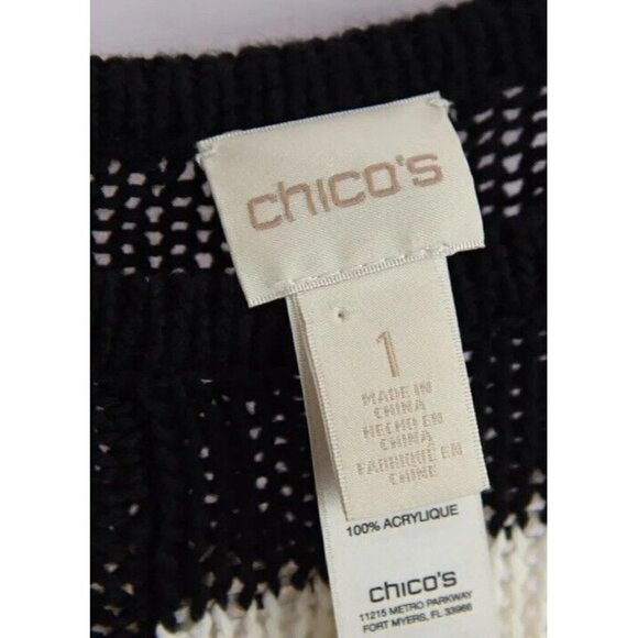 Chico's 1 Sz M Womens Asymmetrical Hem Knit Sweater Minimalist Black Stripe - Picture 10 of 12